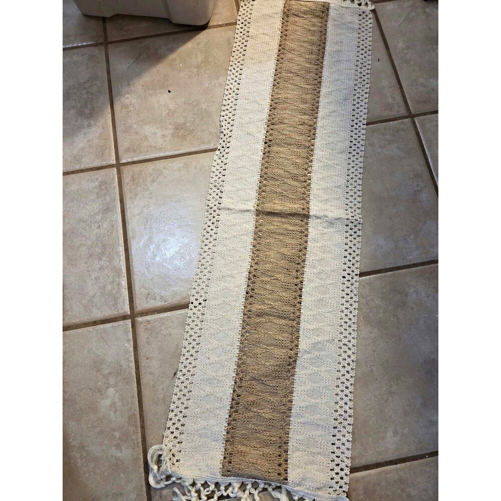 Beige/White Woven Jute Cotton Table Runner Tasseled Farmhouse Rustic 45”